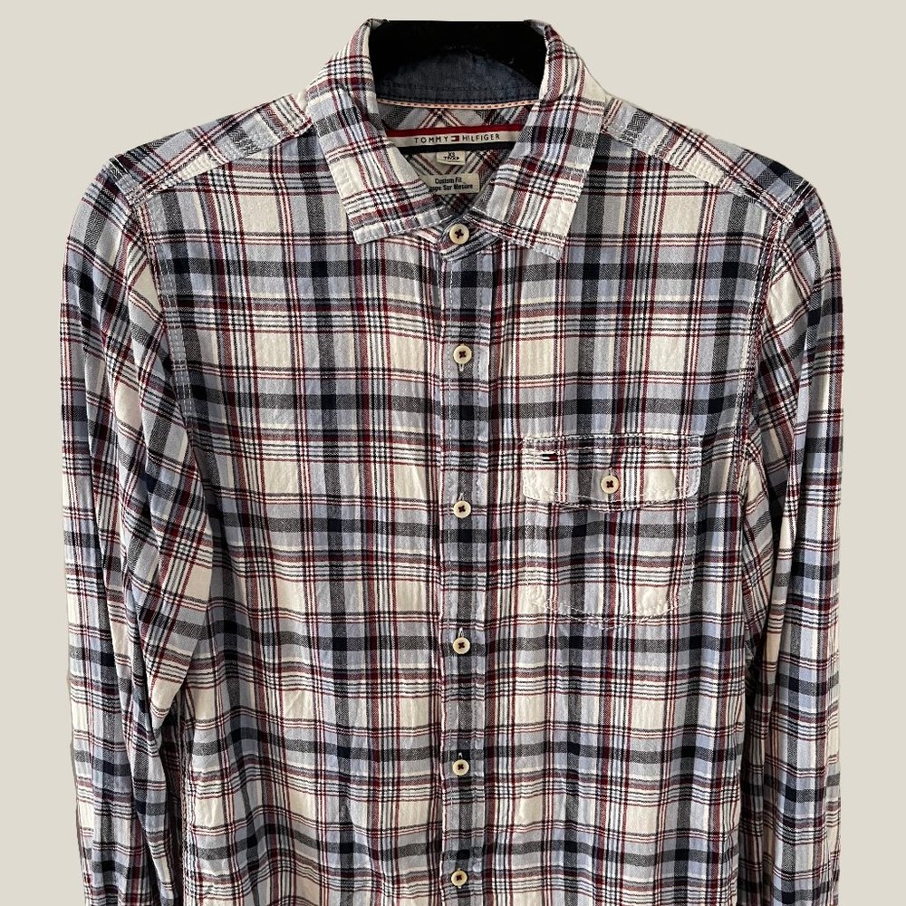 SALE XS TOMMY HILFIGER BLUE WHITE GREY PLAID FLANNEL WOVEN SHIRT